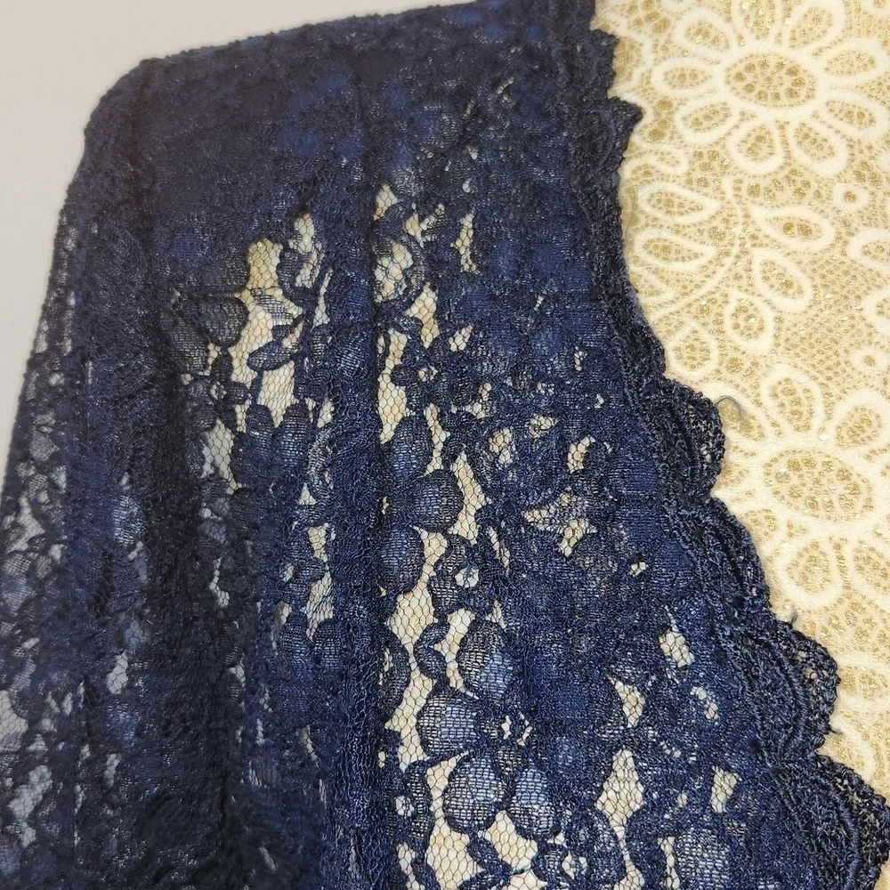Beautiful U Women L Navy Blue Crochet Lace Scalloped Hem Button Front Cardigan